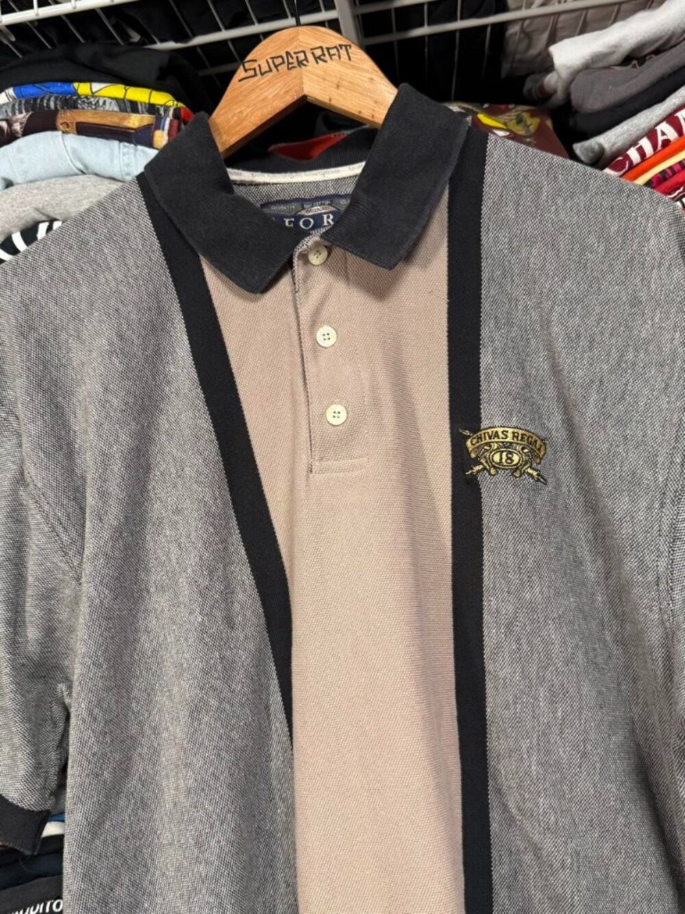 Vintage chivas regal whisky vertical stripe golf polo grey and tan